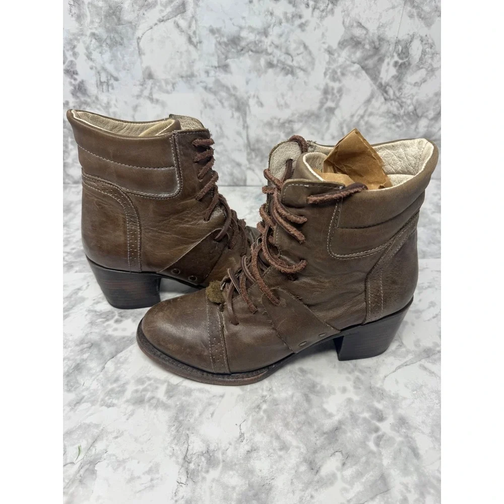 Freebird by Steven Cage Brown Leather Lace Up Ankle Boots Distressed Kiltie -8